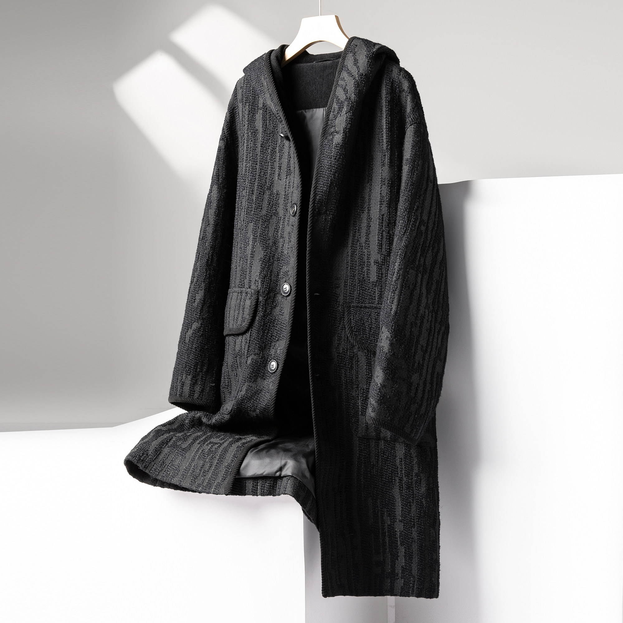 冬季立体提花肌理感连帽中长款毛呢大衣男 宽松及膝长款羊毛外套,男装,毛呢大衣,淘宝优惠券,粉丝福利购,淘宝优惠卷