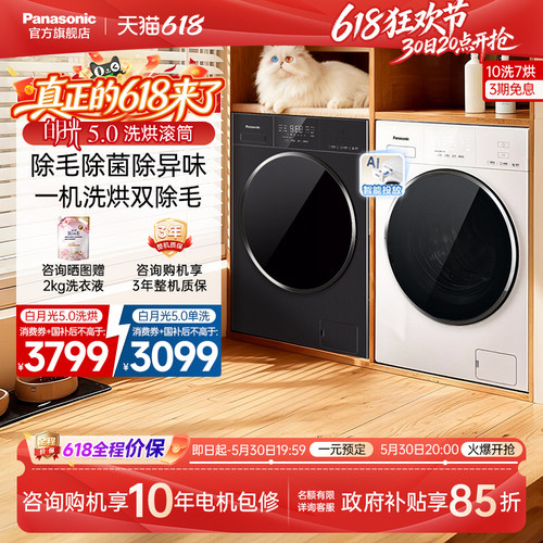 松下白月光5.0洗烘一体10kg家用全自动滚筒洗衣机除菌除毛F2FD1