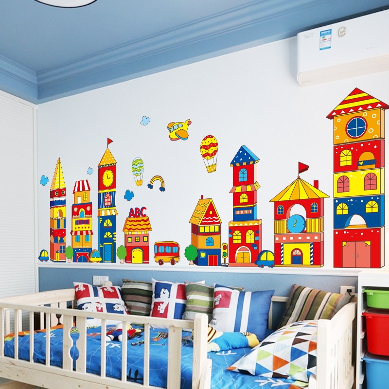 环创教室卡通建筑墙贴儿童房间布置主题贴画幼儿园建构区墙面装饰