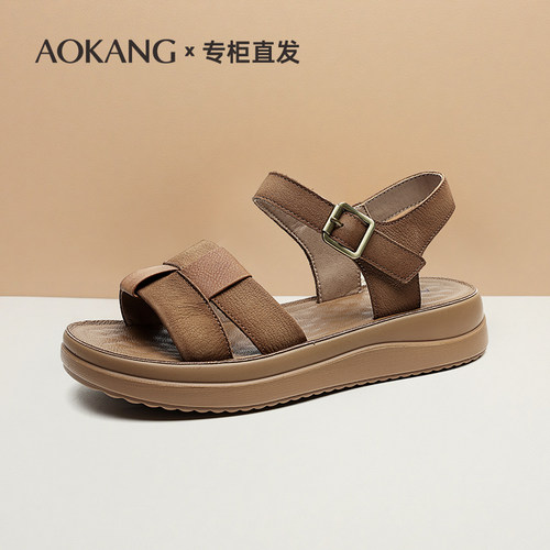 奥康夏新款牛皮厚底休闲凉鞋女