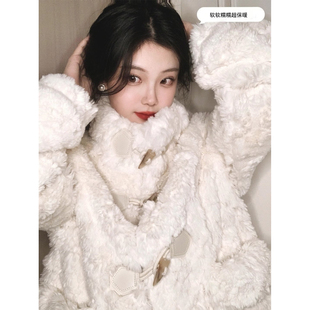 2025冬新款 羊羔毛外套女仿皮草兔毛绒毛茸茸短外套加厚牛角扣棉服