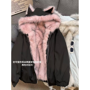 双面穿棉服猫耳朵加绒连帽外套女冬季 两穿加厚毛毛棉衣 2025冬季