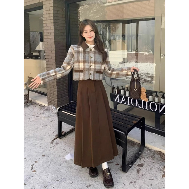 大码两件套毛呢外套女装秋冬2025新款百褶半身裙小香风套装裙子女,女装/女士精品,时尚套装,淘宝优惠券,粉丝福利购,淘宝优惠卷