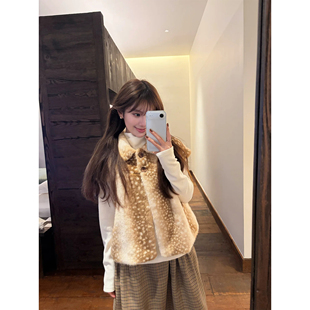 小鹿小斗篷韩系甜美女翻领短袖叠穿外套设计感宽松短款毛毛马甲