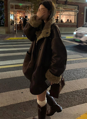 两面穿羊羔毛外套女冬中长款宽松皮毛一体机车棉服高级感保暖大衣