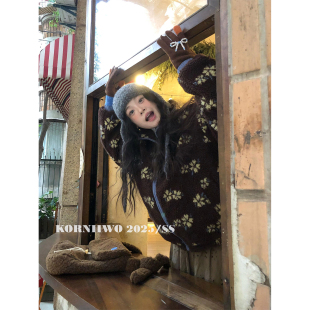 复古花朵羊羔毛上衣加厚2025冬新款 小个子宽松费尔岛羊羔绒外套女