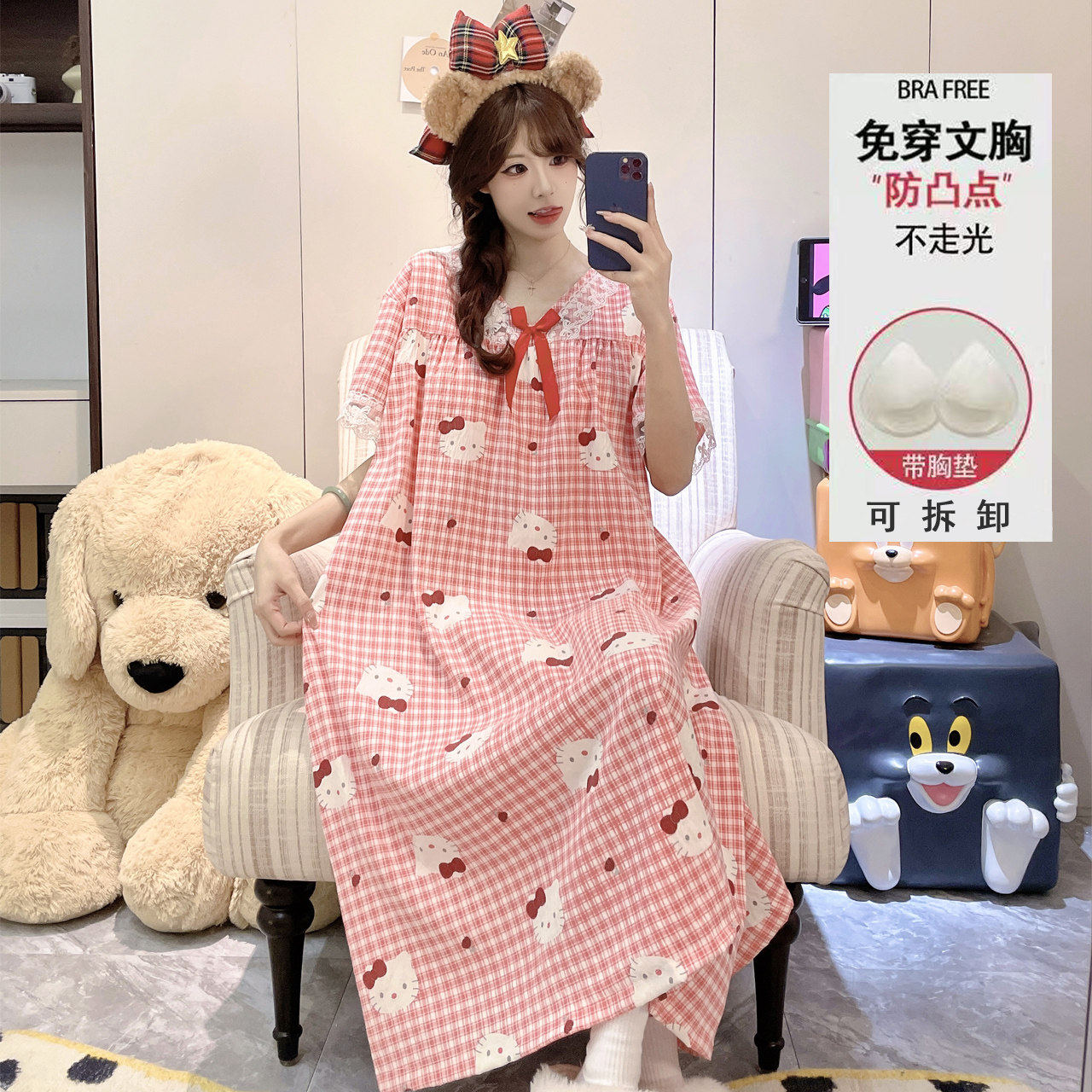 2026年新款睡裙女款夏季带胸垫云朵棉短袖胖mm花边纯棉睡衣可外穿
