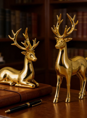 金色招财小鹿摆件客厅电视柜酒柜装饰品玄关电镀工艺新中式鹿摆件