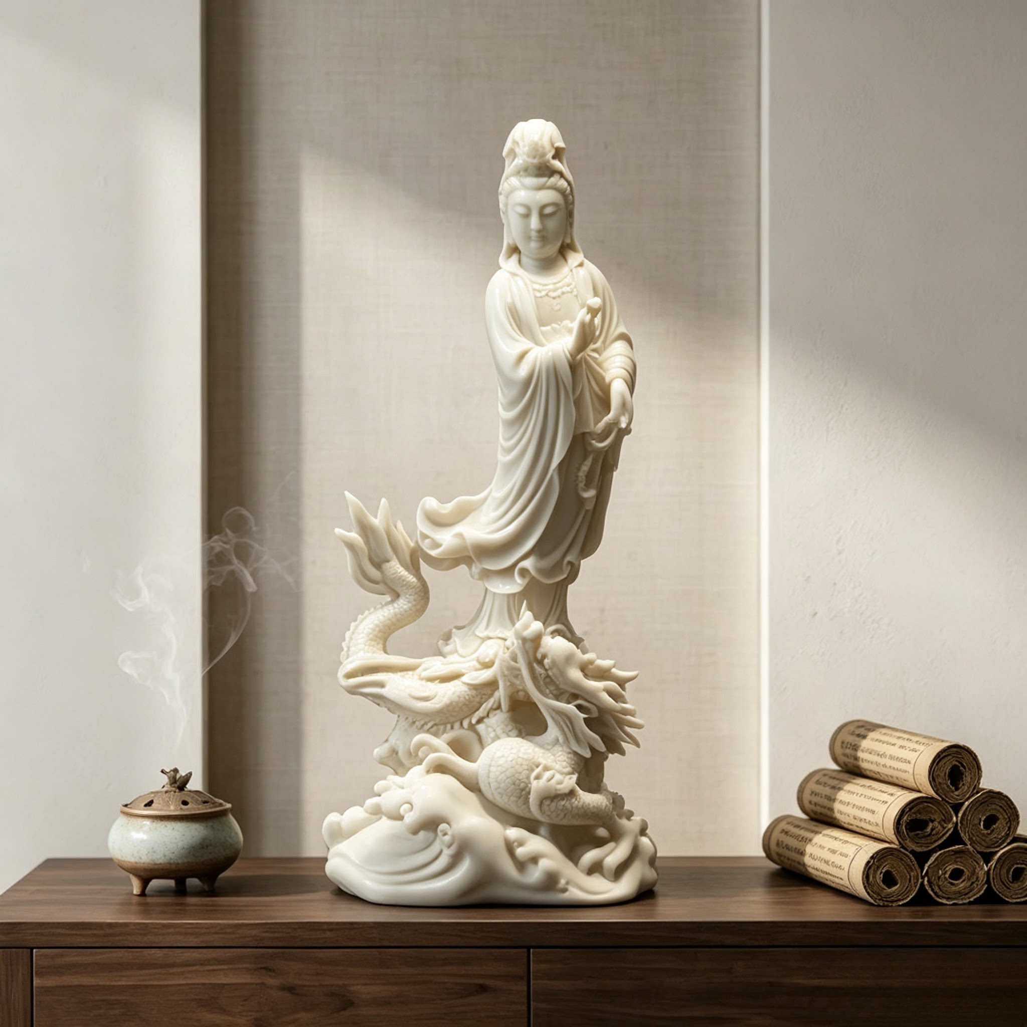 新中式观音像佛像桌面大摆件佛龛装饰家用供奉乘龙观音南海观音像