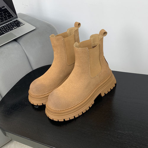 弹力切尔西靴棕色反绒皮短靴秋款