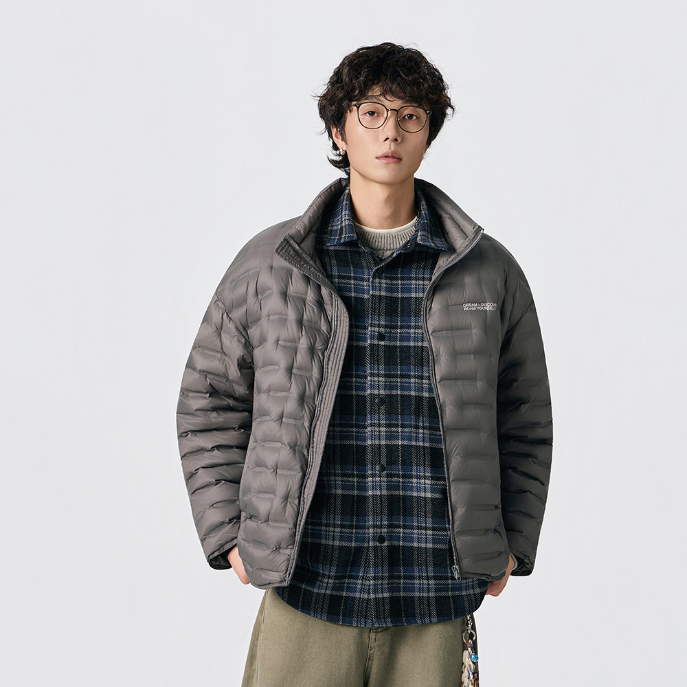 美式轻薄假两件立领羽绒服男女冬装潮牌设计感拼接宽松加大码外套