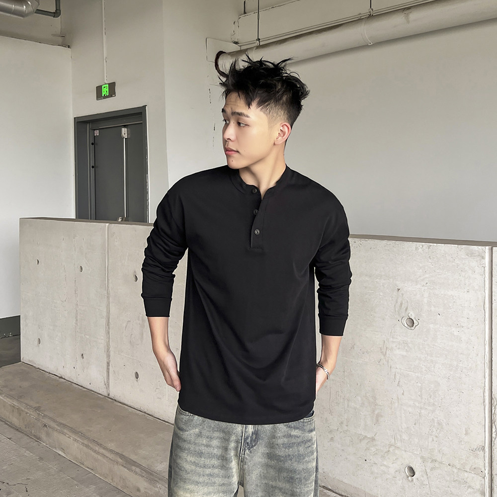 重磅门筒领长袖T恤男春秋韩版纯棉亨利衫阿美咔叽复古休闲打底衫