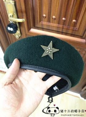 网红墨绿色羊毛时尚风徽章表演帽