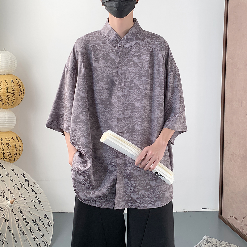 新款夏款大码松柏冰丝薄款短袖衬衫男男装外套A106-1-1819-P45，男装衬衫，电商A106-1