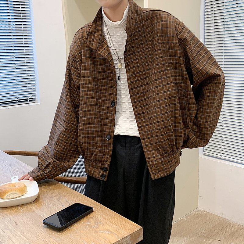 男装新款格子时尚男休闲夹克短款长袖外套男潮A106-1-8208-P88，男装夹克，电商A106-1