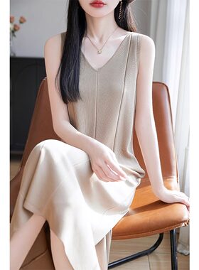 V领针织吊带连衣裙女无袖套头