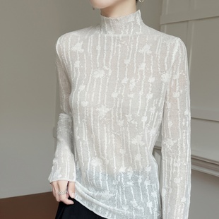 淑女风半高领欧根纱针织衫女长袖修身法式气质性感打底衫上衣