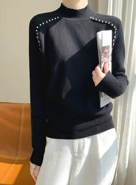 漂亮肩袖钉珠小开叉半高领羊毛衫冬季女款纯色宽松舒适毛衣打底衫