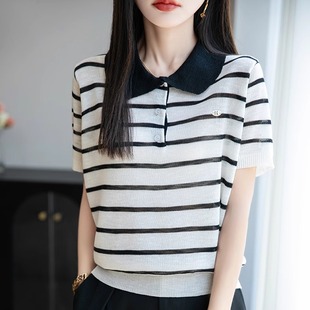 款 短袖 2025夏季 条纹撞色polo衫 V领刺绣女减龄冰丝上衣 t恤时尚 修身