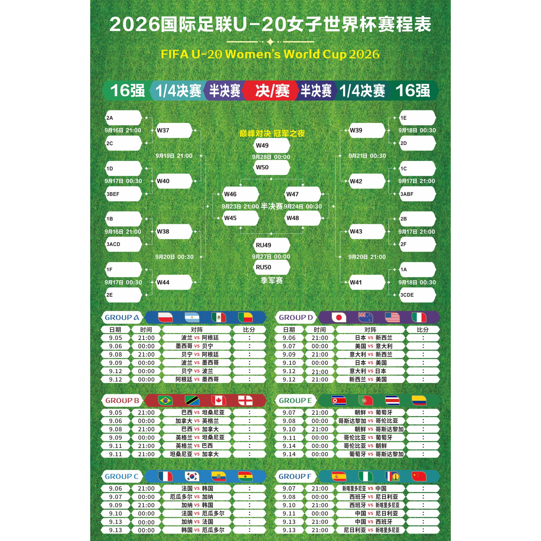 2026U20女足世界杯赛程表海报烧烤店足球明星体育彩票店装饰挂画