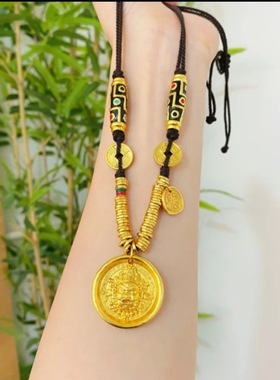 2025款男女同款沙金黄财神盘缠黑绳项链九眼天珠铜钱币编绳毛衣链