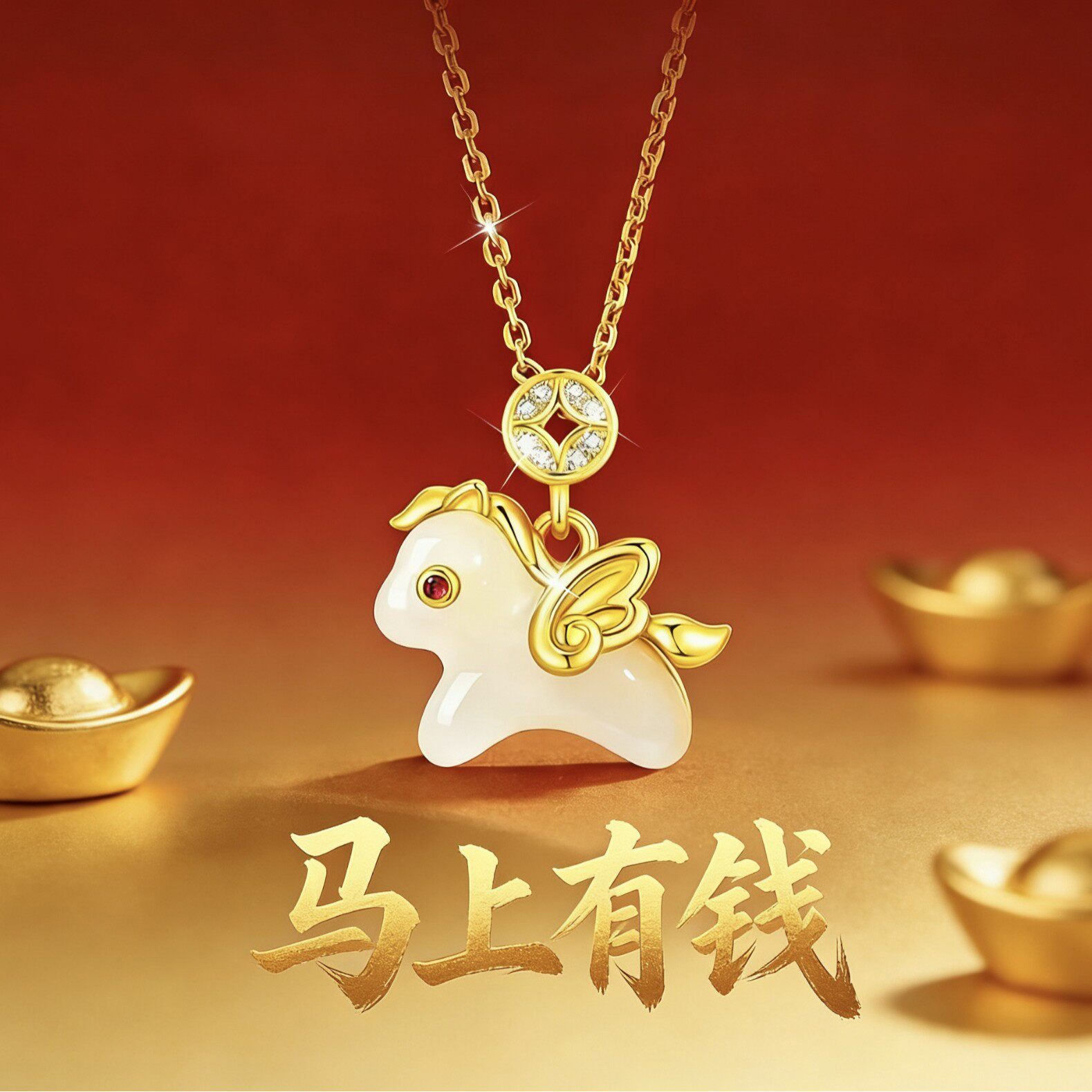 马上有钱小飞马沙金项链女款仿和田玉吊坠生肖马本命年黄金色颈链