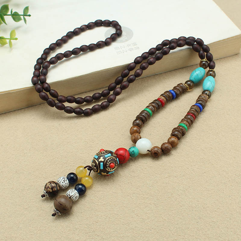 2026新款民族风毛衣链男女百搭木质佛珠长款项链复古棉麻衣服配饰