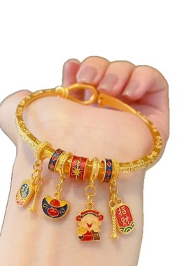 2025女款金店同款古法中式吉言四方聚财纳福沙金手镯福满传家手环