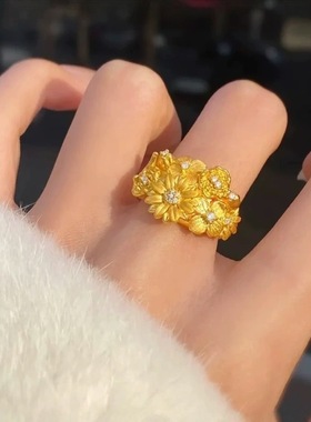 2025女款新中式古法沙金点钻繁花锦簇戒指小雏菊指环宫廷复古指环