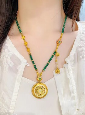 2026新中式手工diy绿色圆珠花丝如意八宝旋转圆盘项链串珠女颈链