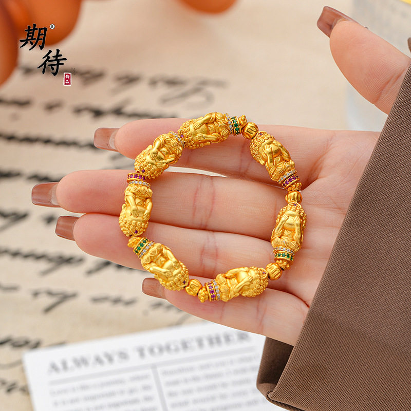 2025男女同款精致版镶钻非礼勿视佛头手链高级新中式古法沙金手链