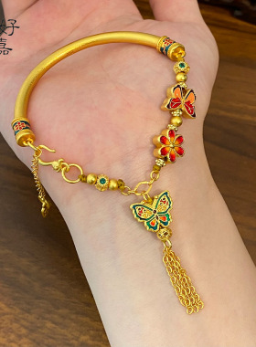 2025新款花丝双面彩蝶流苏烧蓝半镯手链女国风福字高级感沙金手饰