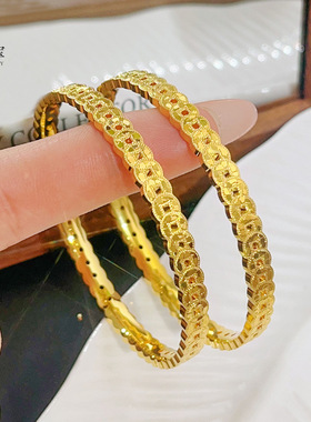 2026戒指沙金爆闪镂空碎冰铜钱手镯黄金色满圈钱多多高级感手环女