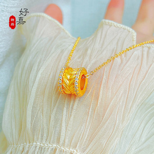 2025新款黄金色沙金麦穗路路通花丝风雨桥项链女式镶钻高级感吊坠