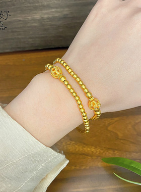 2025中式花丝镂空珠珠手链女双圈叠戴周家同款古法沙金不掉色手串