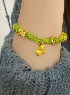 女款沙金国潮醒狮算盘滴溜手链牛油果色编织手绳瑞兽招财锦鲤手串