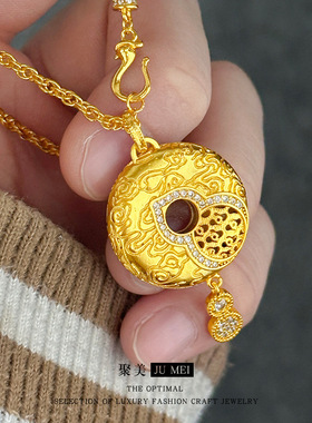 2026新款古法点钻平安扣沙金项链女新中式福禄运转祥云挂坠锁骨链