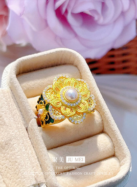 2026新女式宫廷风黄金色沙金珐琅彩双层花丝花朵珍珠指环活口戒指