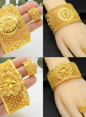中东迪拜首饰品黄金色沙金手镯戒指套装跨境简约时尚女士手环指环