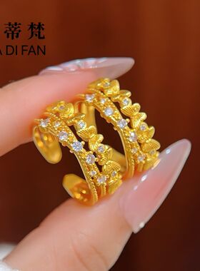 沙金点钻交叉排钻拉丝蝴蝶戒指黄金色高颜值时尚淑女指环食指戒