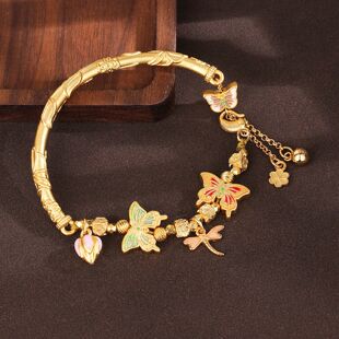 s925纯银蝴蝶半镯半链手链女珐琅彩手环精致浮雕新中式时尚手镯子