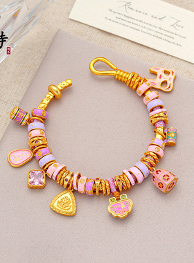 2025沙金珐琅如意锁狐狸面具盘缠女手镯子粉色多巴胺多宝吉言手环