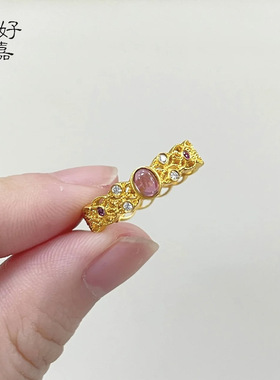 2026女士沙金凤眼戒指高级感黄金色指环复古宫廷风粉钻送礼首饰女