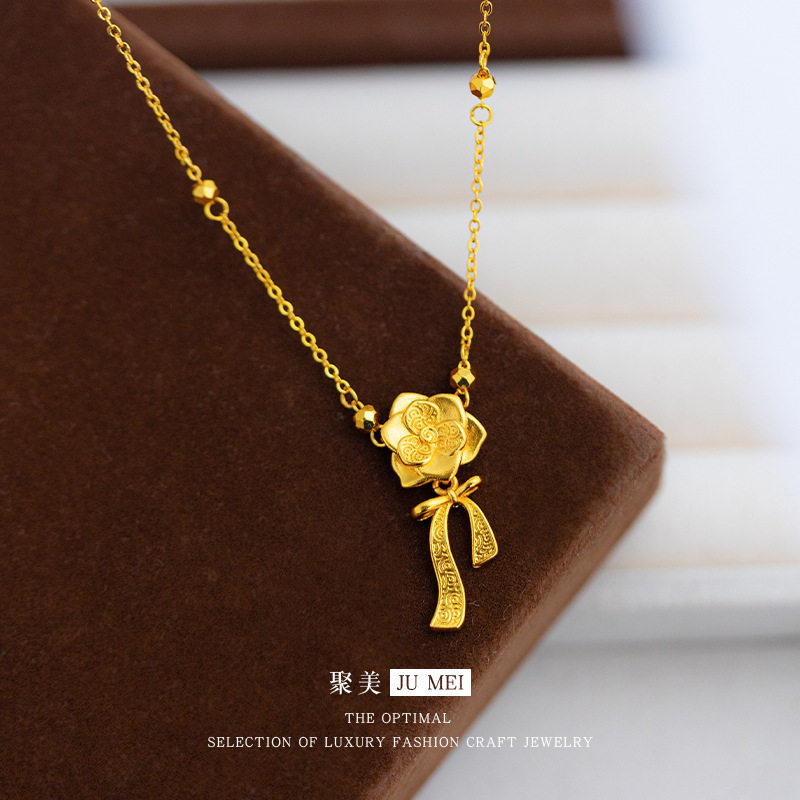 2026甜美轻奢黄金色沙金复古高级感流苏领结玫瑰花套链女唯美项链