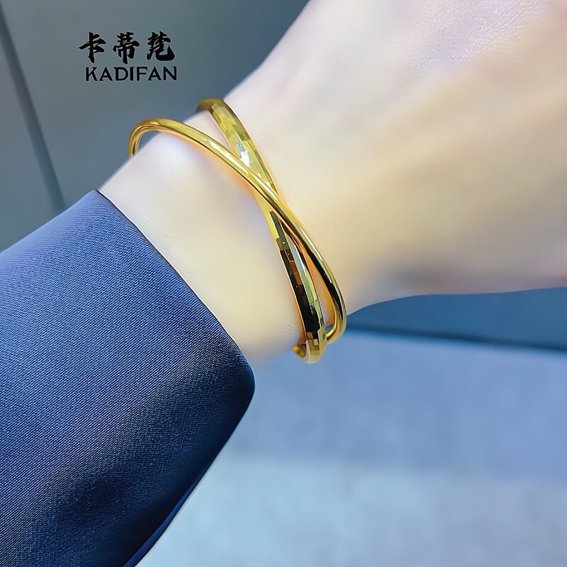 2026新款女款沙金实心镜面圆条双圈手镯子女士黄金色马赛克手环
