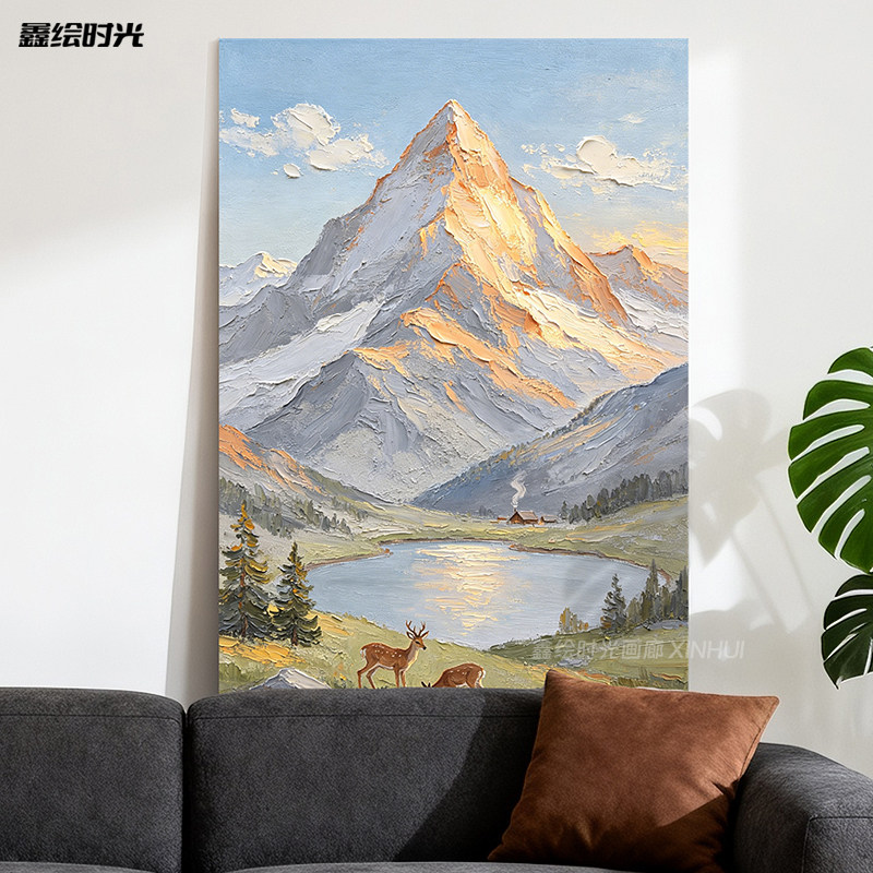 日照金山手绘油画客厅玄关装饰画过道壁画聚宝盆竖版肌理挂画定制