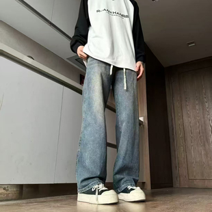 潮男宽松高街ins直筒裤 复古水洗做旧百搭牛仔裤 子 美式 阿叔潮牌