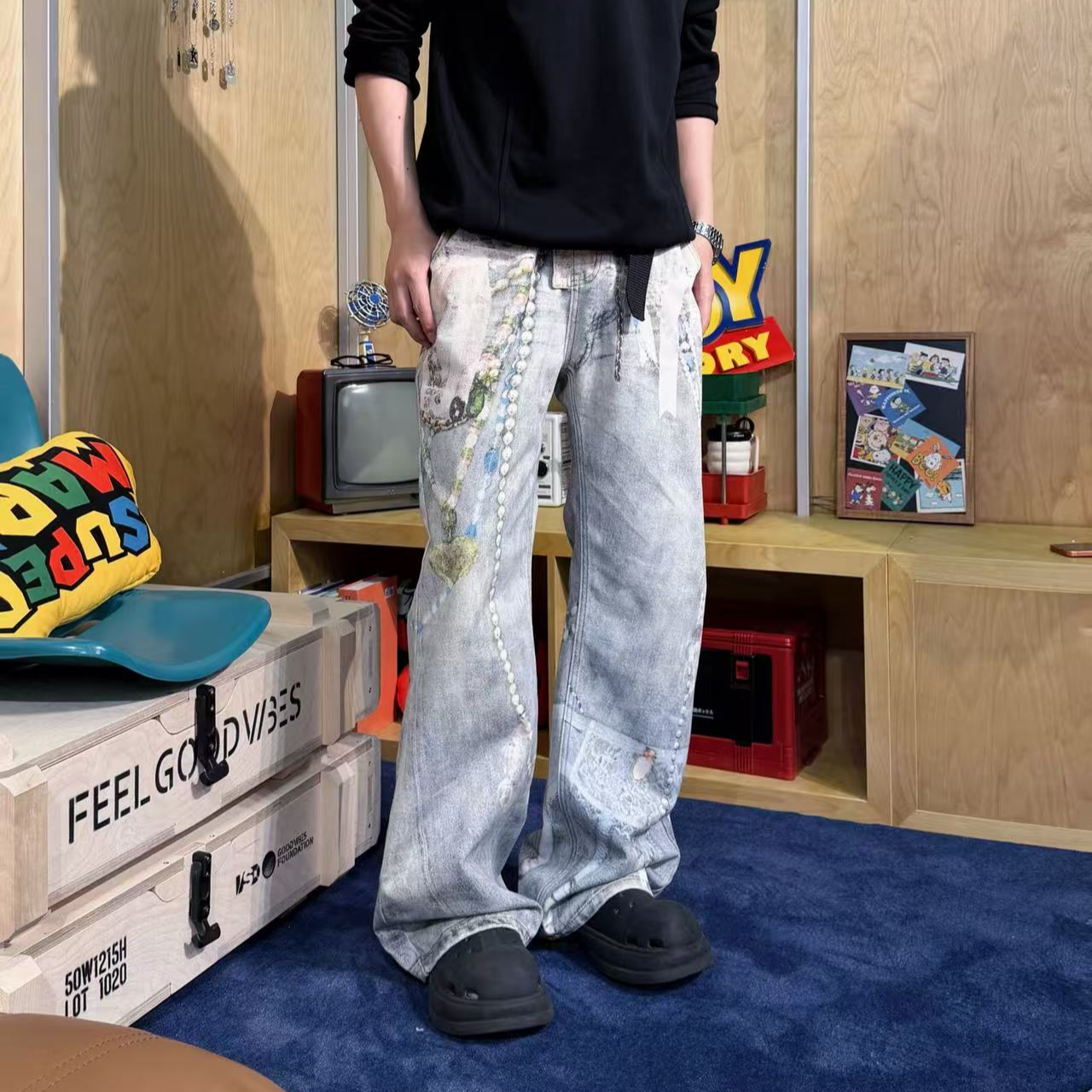 春秋3D印花扎染直筒微喇牛仔裤