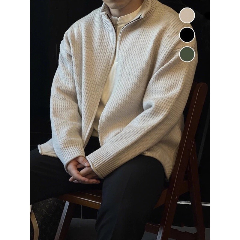 极简风立领拉链针织开衫男