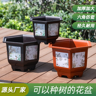 加厚六角塑料花盆家用庭院室内外种植防摔耐晒花盆大号可种树批发